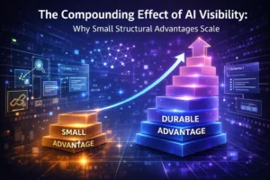 Visualization of how small structural improvements in AI visibility compound into long-term competitive advantage.