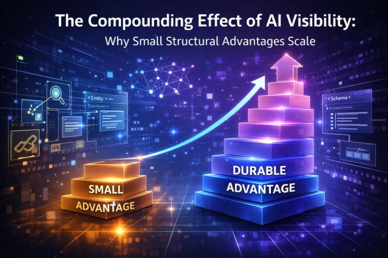 Visualization of how small structural improvements in AI visibility compound into long-term competitive advantage.