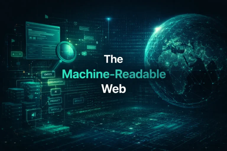 Visualization of the machine-readable web showing AI systems interpreting structured data, entities, and relationships across the internet