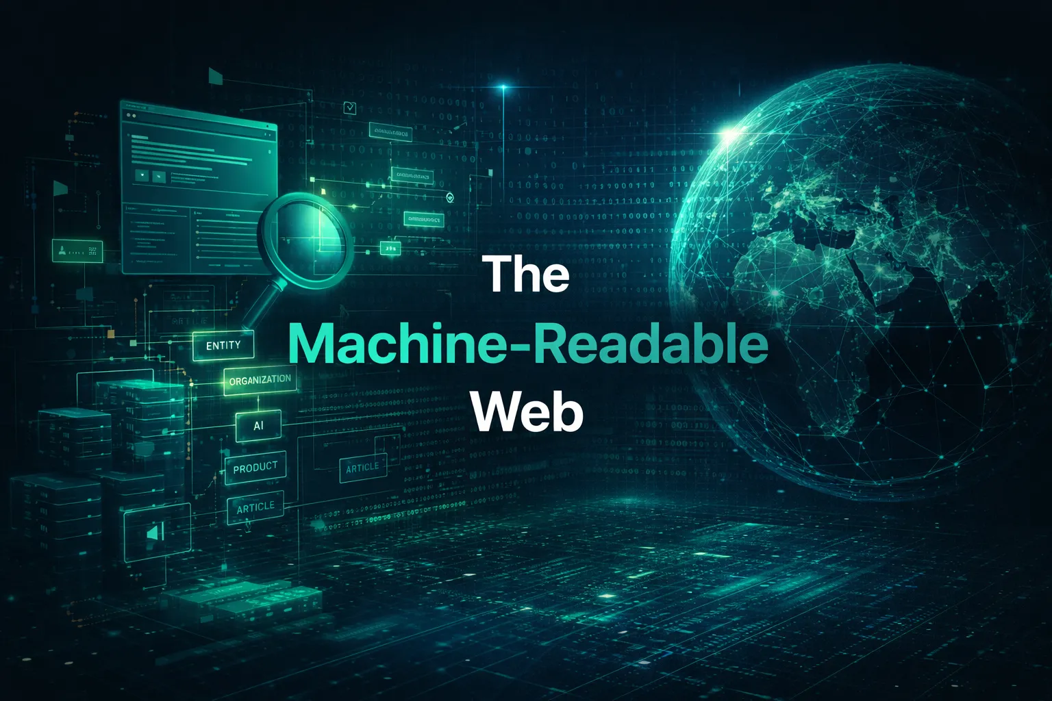 Visualization of the machine-readable web showing AI systems interpreting structured data, entities, and relationships across the internet