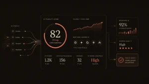 Visualization of AI visibility metrics including mentions, inclusion, and reuse, showing how websites are evaluated and selected in AI-generated search results.