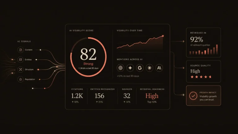 Visualization of AI visibility metrics including mentions, inclusion, and reuse, showing how websites are evaluated and selected in AI-generated search results.