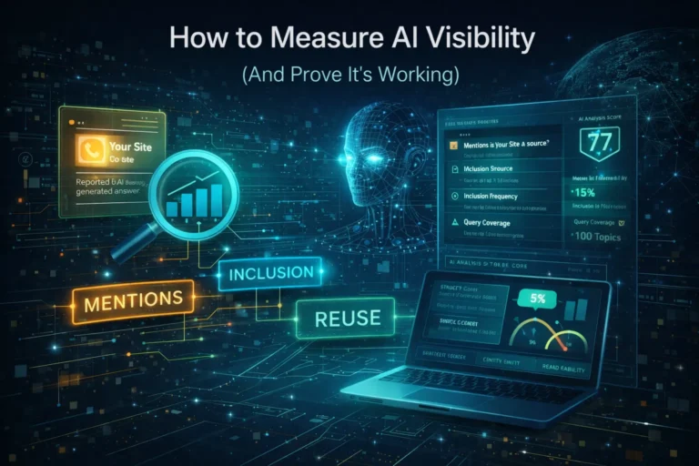 Visualization of AI visibility metrics including mentions, inclusion, and reuse, showing how websites are evaluated and selected in AI-generated search results.