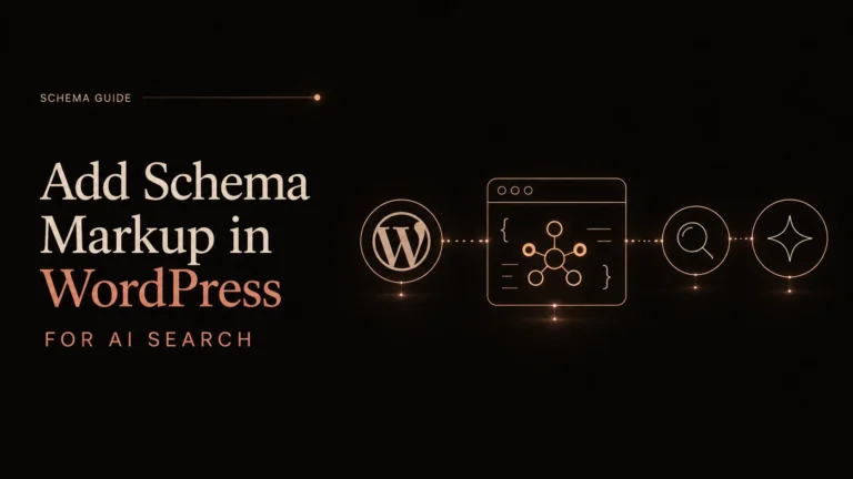 Add schema markup in WordPress for AI search with structured data, semantic signals, and AI visibility icons.