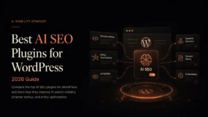 Best AI SEO plugins for WordPress in 2026 visualizing AI search visibility, schema markup, and semantic optimization
