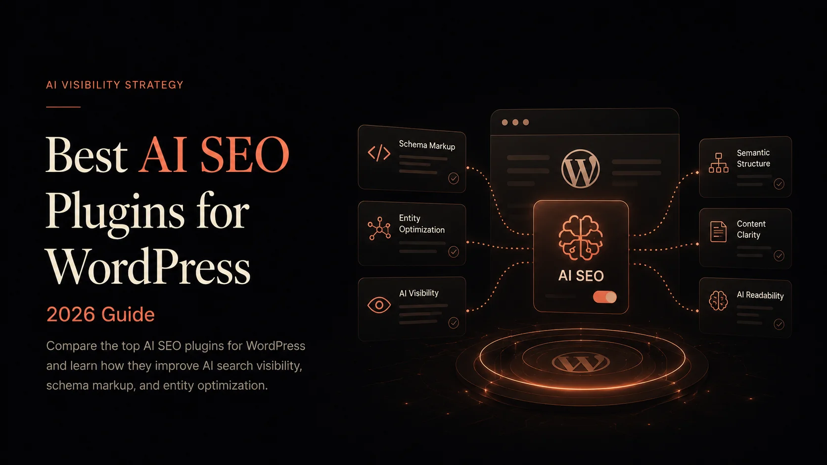 Best AI SEO plugins for WordPress in 2026 visualizing AI search visibility, schema markup, and semantic optimization