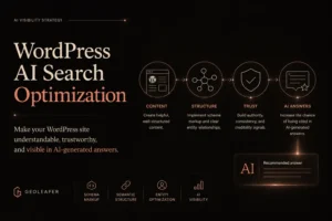 WordPress AI search optimization guide showing schema markup, semantic structure, and AI visibility signals